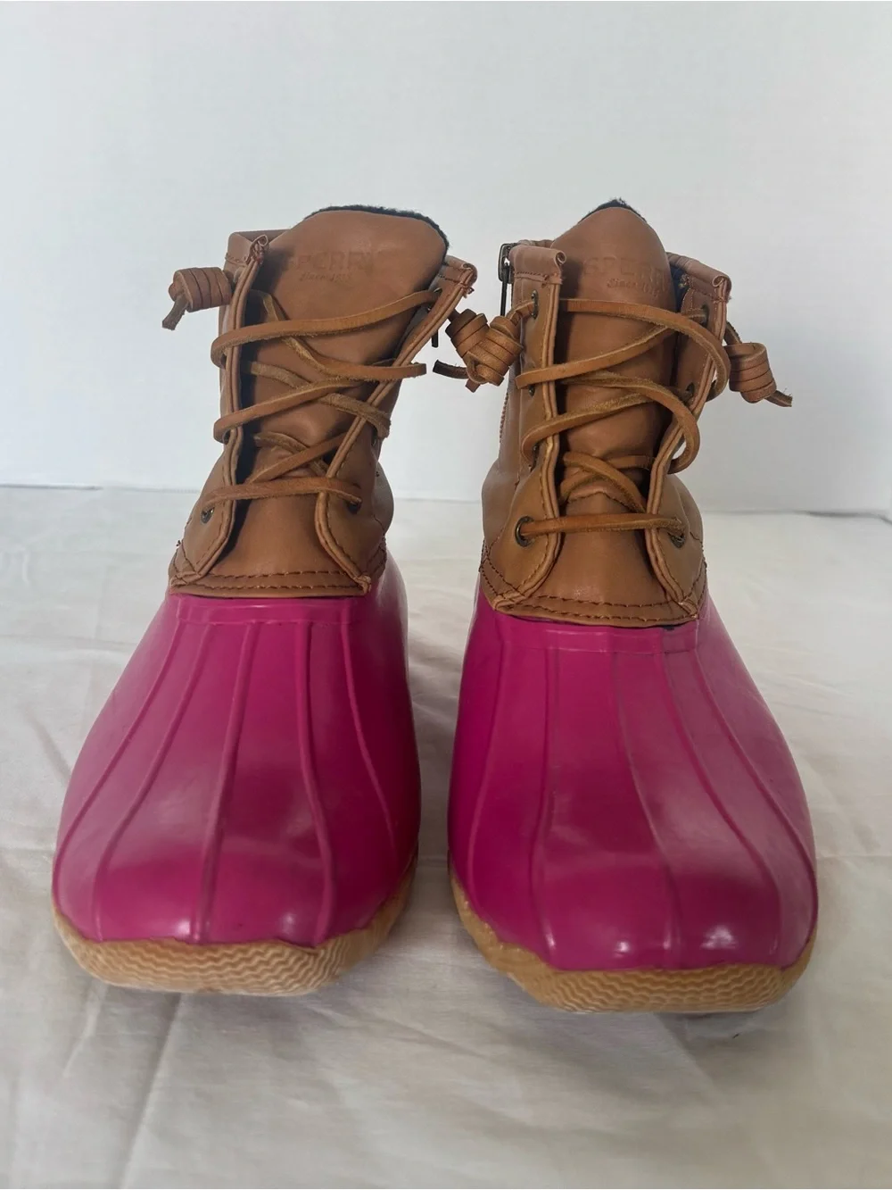 Sperry Pink Rubber & Tan Leather Duck Boots